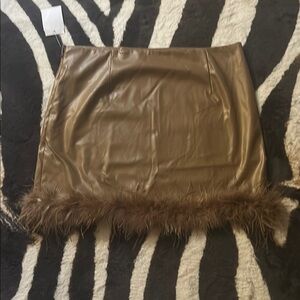 Brown pu leather skirt / feather trim